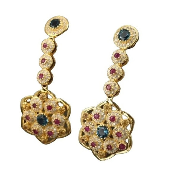 Gold Plated Sterling Silver Topaz Ruby CZ Dangle Earrings - Picture 3 of 7